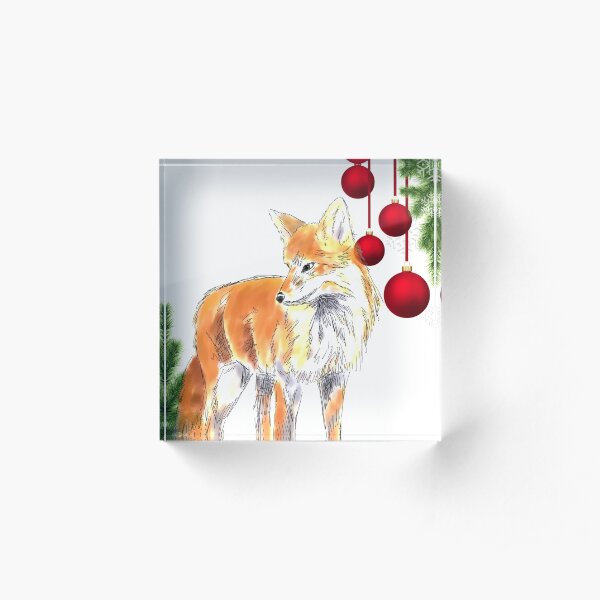 Red Fox Framed with pine boughs and Christmas Ornaments Acrylic Block