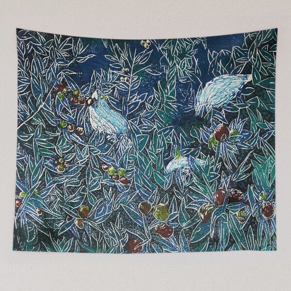 Item preview, "Feast" - a multi-colour reduction linocut of white cockatoos by Geoff Hargraves designed and sold by Geoff Hargraves Artist.