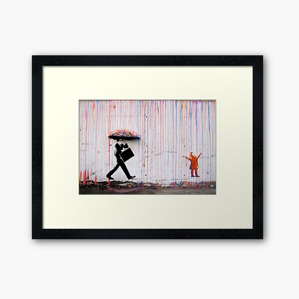 Banksy Umbrella Rainbow Happy Girl Framed Art Print