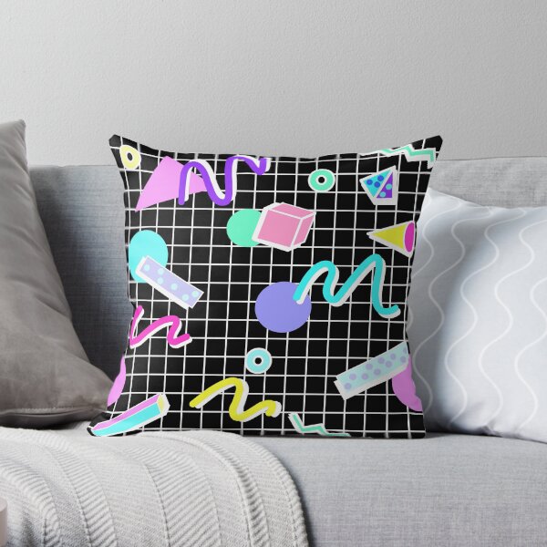 80s Retro Party Grid Design (Black BG) Throw Pillow
