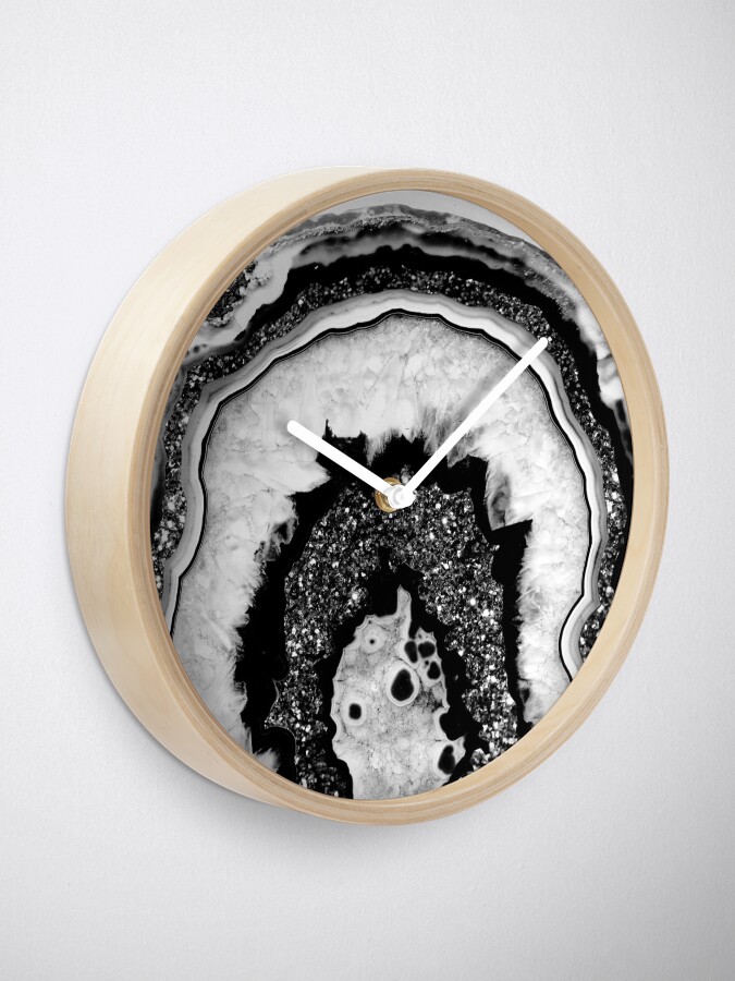 Alternate view of Gray Black White Agate with Black Silver Glitter #2a (Faux Glitter) #gem #decor #art Clock