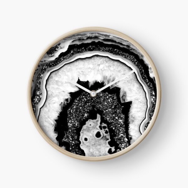 Gray Black White Agate with Black Silver Glitter #2a (Faux Glitter) #gem #decor #art Clock
