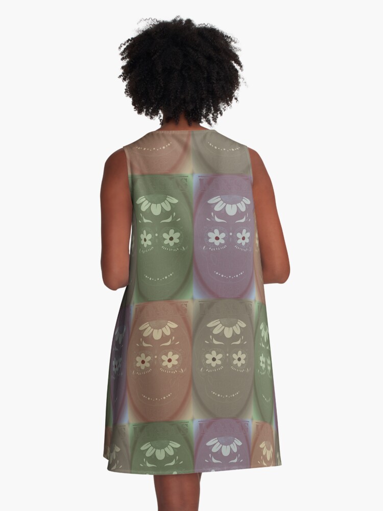 Thumbnail 3 of 4, A-Line Dress, Kansas Sunflower Eye Smile Skully designed and sold by kinkatstyle.