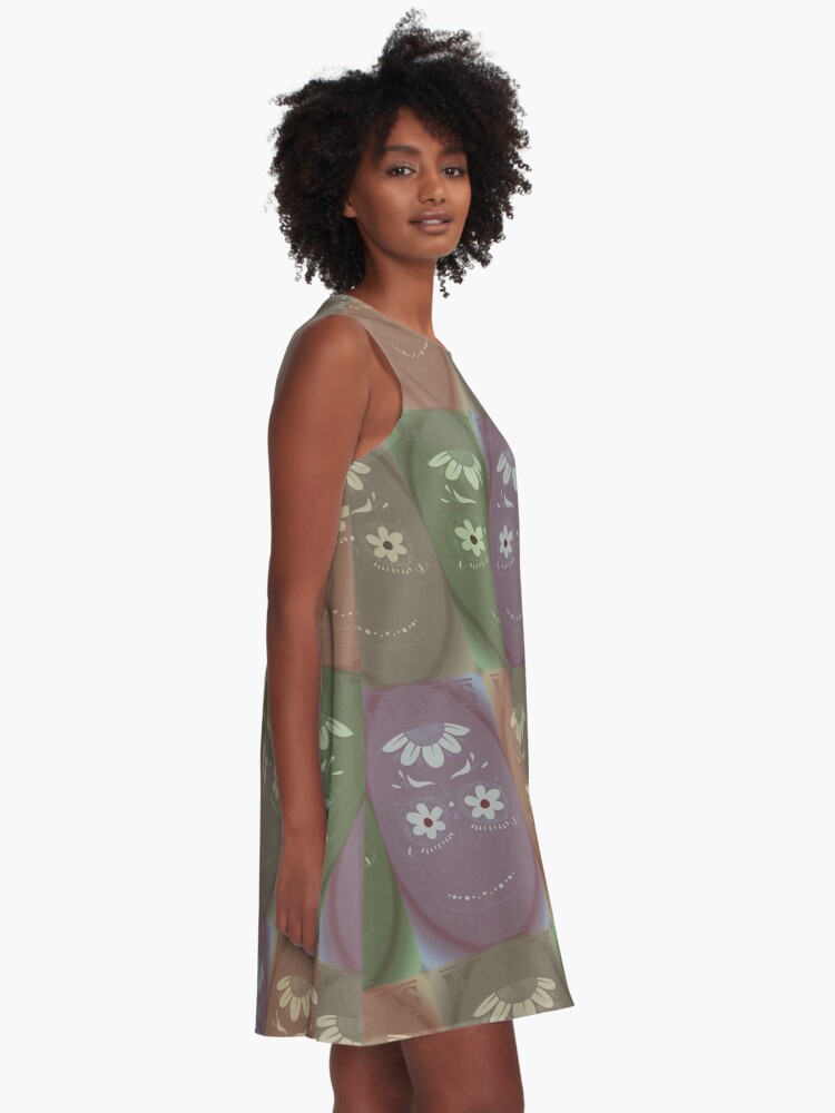 Thumbnail 2 of 4, A-Line Dress, Kansas Sunflower Eye Smile Skully designed and sold by kinkatstyle.