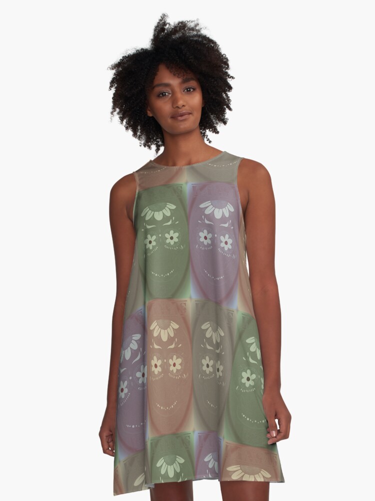 Thumbnail 1 of 4, A-Line Dress, Kansas Sunflower Eye Smile Skully designed and sold by kinkatstyle.