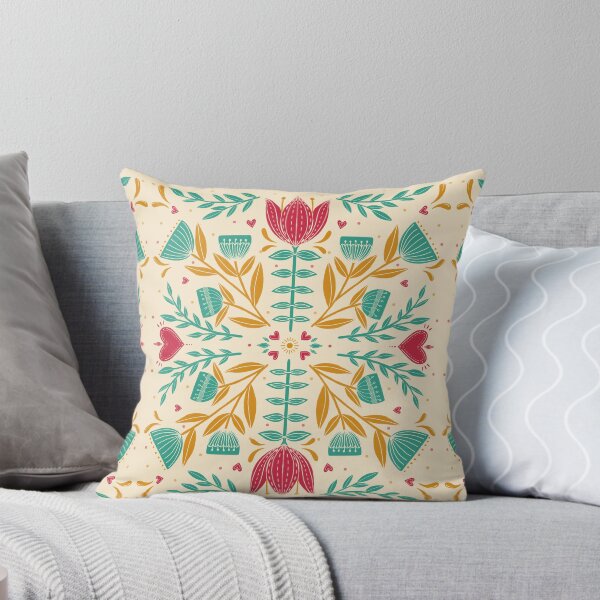 Folk Floral Symmetry Print Throw Pillow