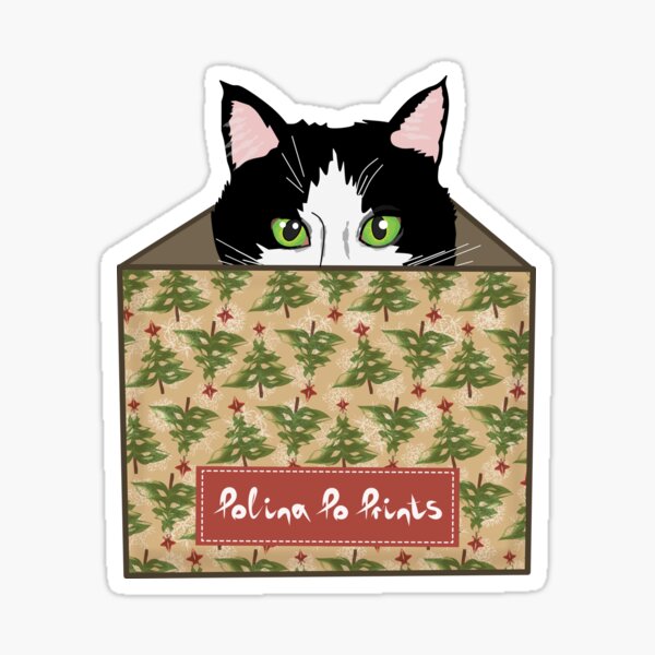 Christmas gift with cat in a box. Funny cat. Christmas print. Sticker