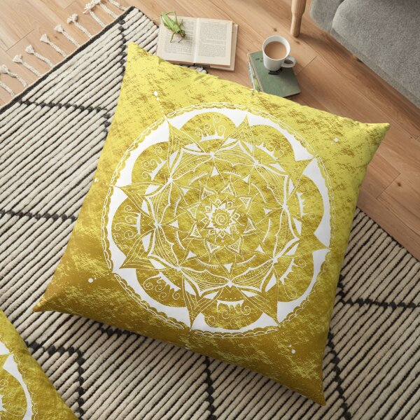 beautiful mandala in white on gold Floor Pillow