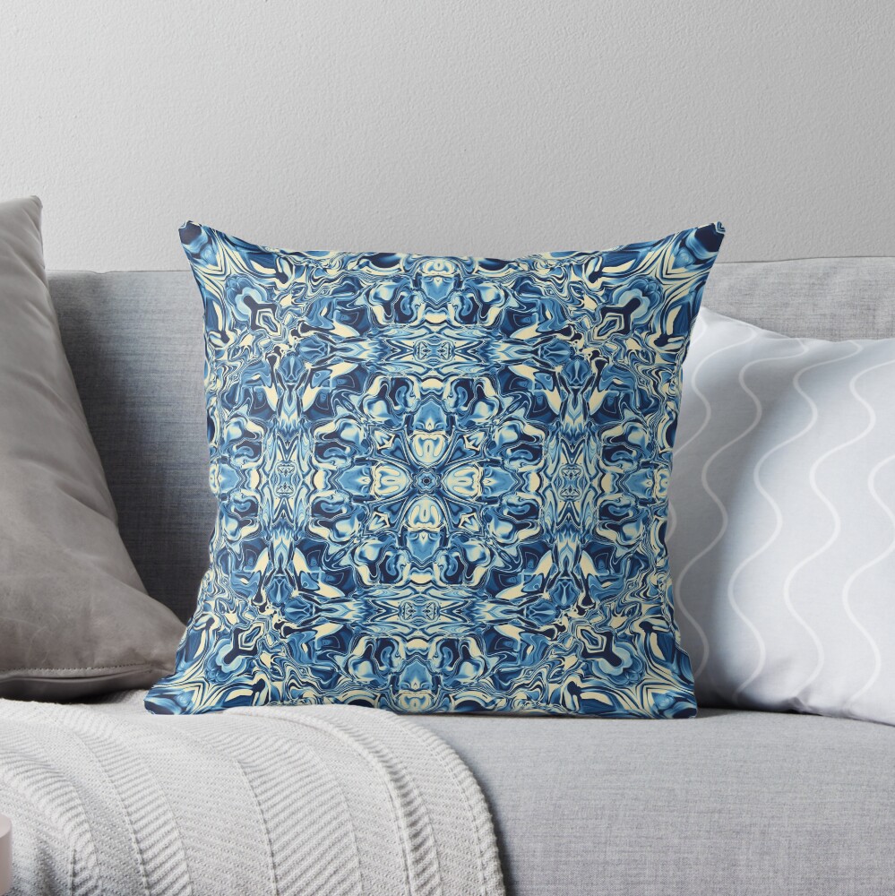 Liquefied Flow II - Blue Cream Throw Pillow