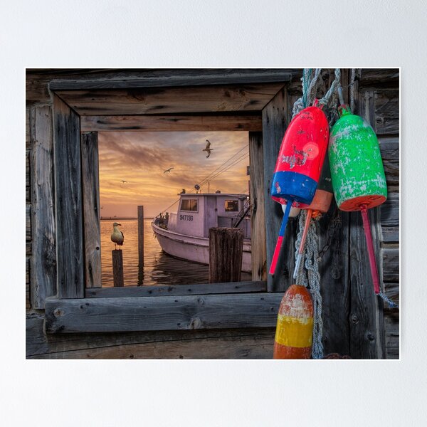 Item preview, Sunrise with Fishing Boat, Gulls and Fishing Buoys designed and sold by Randall Nyhof.