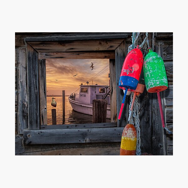 Item preview, Sunrise with Fishing Boat, Gulls and Fishing Buoys designed and sold by Randall Nyhof.