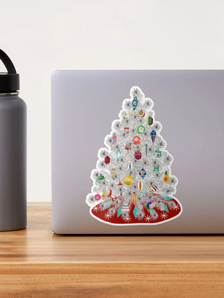 Vintage Aluminum Christmas Tree with Glass Ornaments Vinyl Holographic  Sticker | Vinyl Sticker | Christmas Sticker | Waterproof