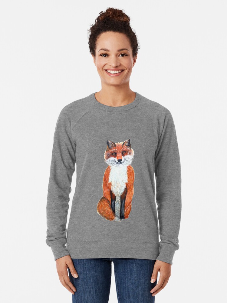Alternate view of fox on teal / turquoise, watercolor fox painting on teal background, with sunflower Lightweight Sweatshirt
