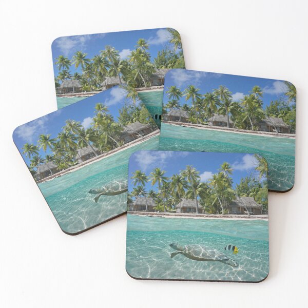Item preview, Bungalows on tropical coast and turtle underwater designed and sold by Seaphotoart.