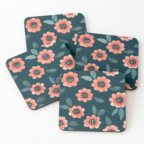 Item preview, Simple Floral - coral on teal designed and sold by jenuinedesigns.