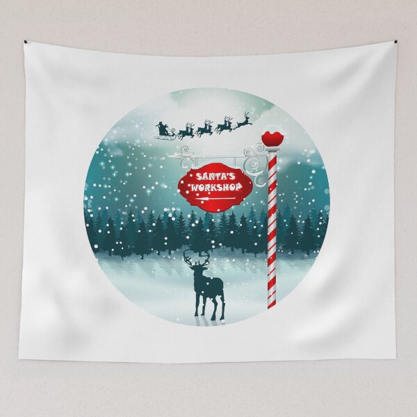 Item preview, North pole Santa's workshop sign in the forest. Reindeer and Santa's sleigh. designed and sold by Jelena Slijepcevic.