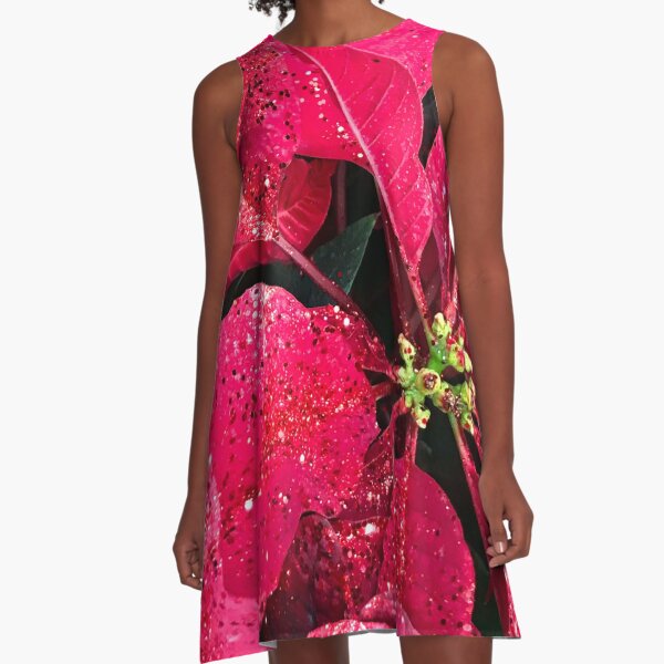 Red Poinsettia Leaves With Christmas (Faux) Sparkles Photo A-Line Dress