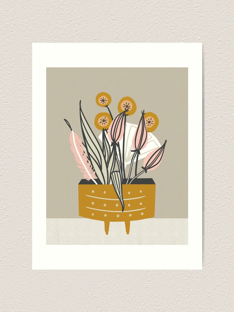 Alternate view of Mid Century gold pottery with plants Art Print