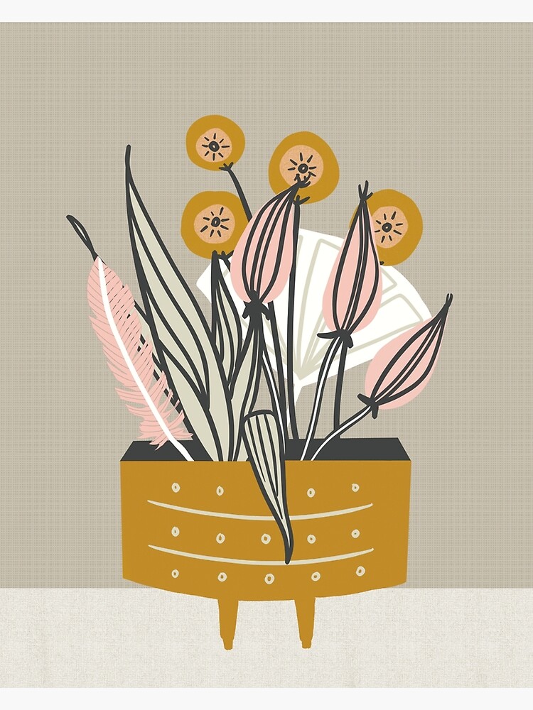 Mid Century gold pottery with plants by BirdsongPrints