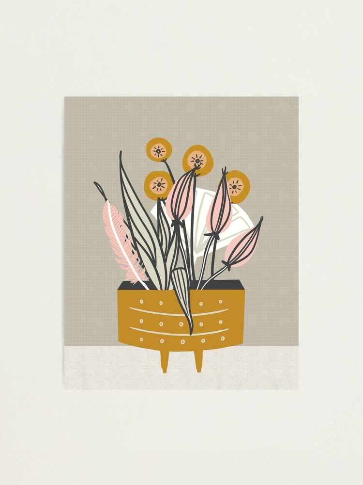 Alternate view of Mid Century gold pottery with plants Photographic Print
