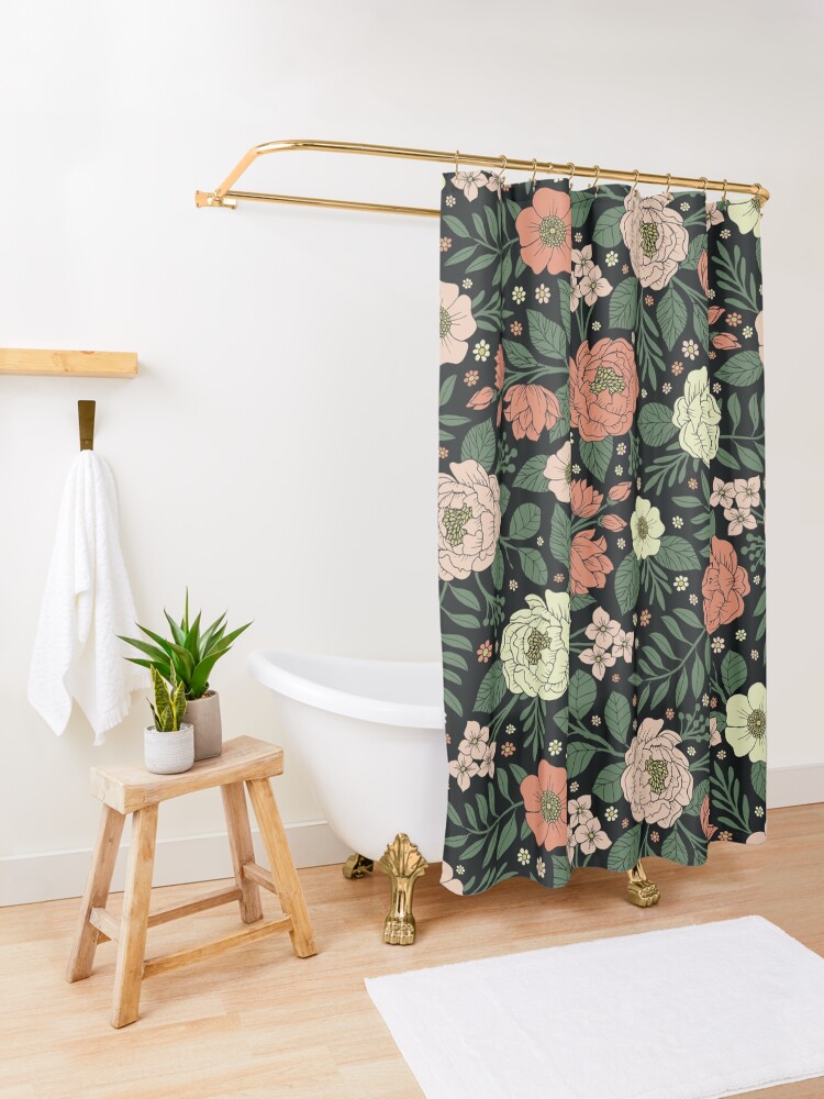 Alternate view of Peach, Green & Coral Floral Pattern Shower Curtain