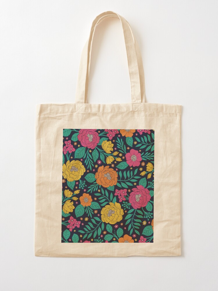 Flower Illustration Canvas Tote Bag (Yellow / Blue / Olive