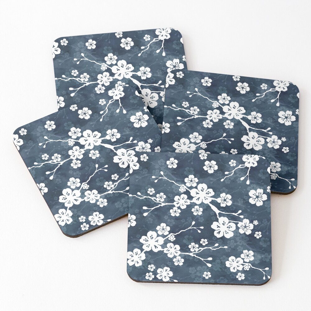 Navy and white cherry blossom pattern Coasters (Set of 4)