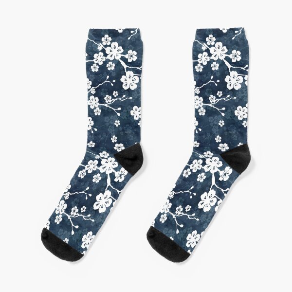 Navy and white cherry blossom pattern Socks