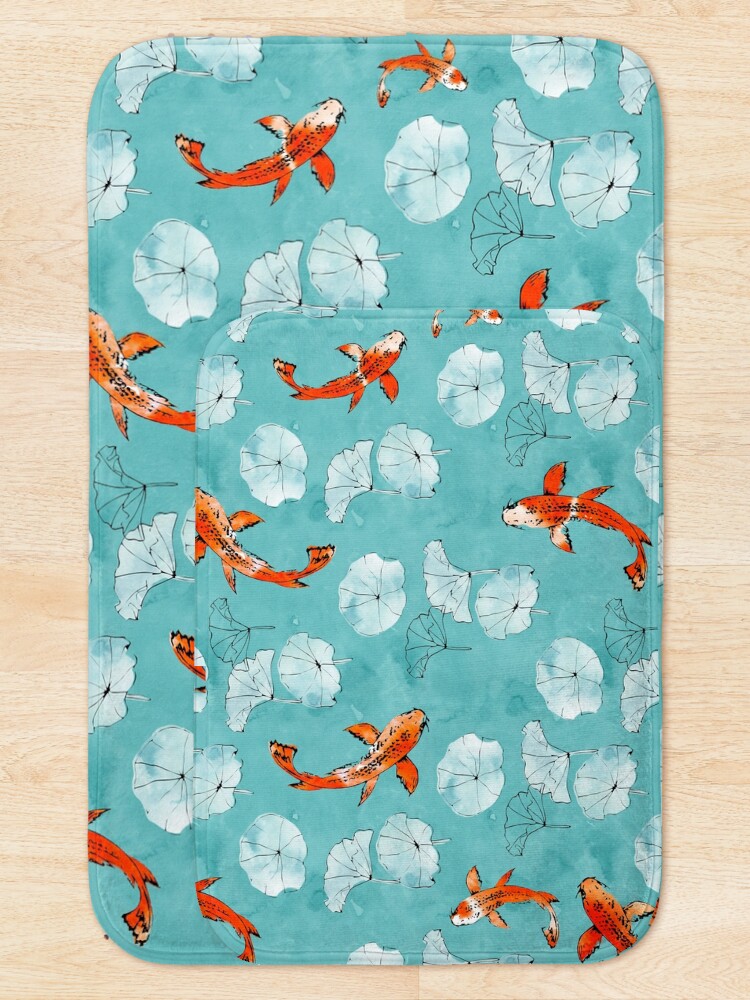 Alternate view of Waterlily koi in turquoise Bath Mat