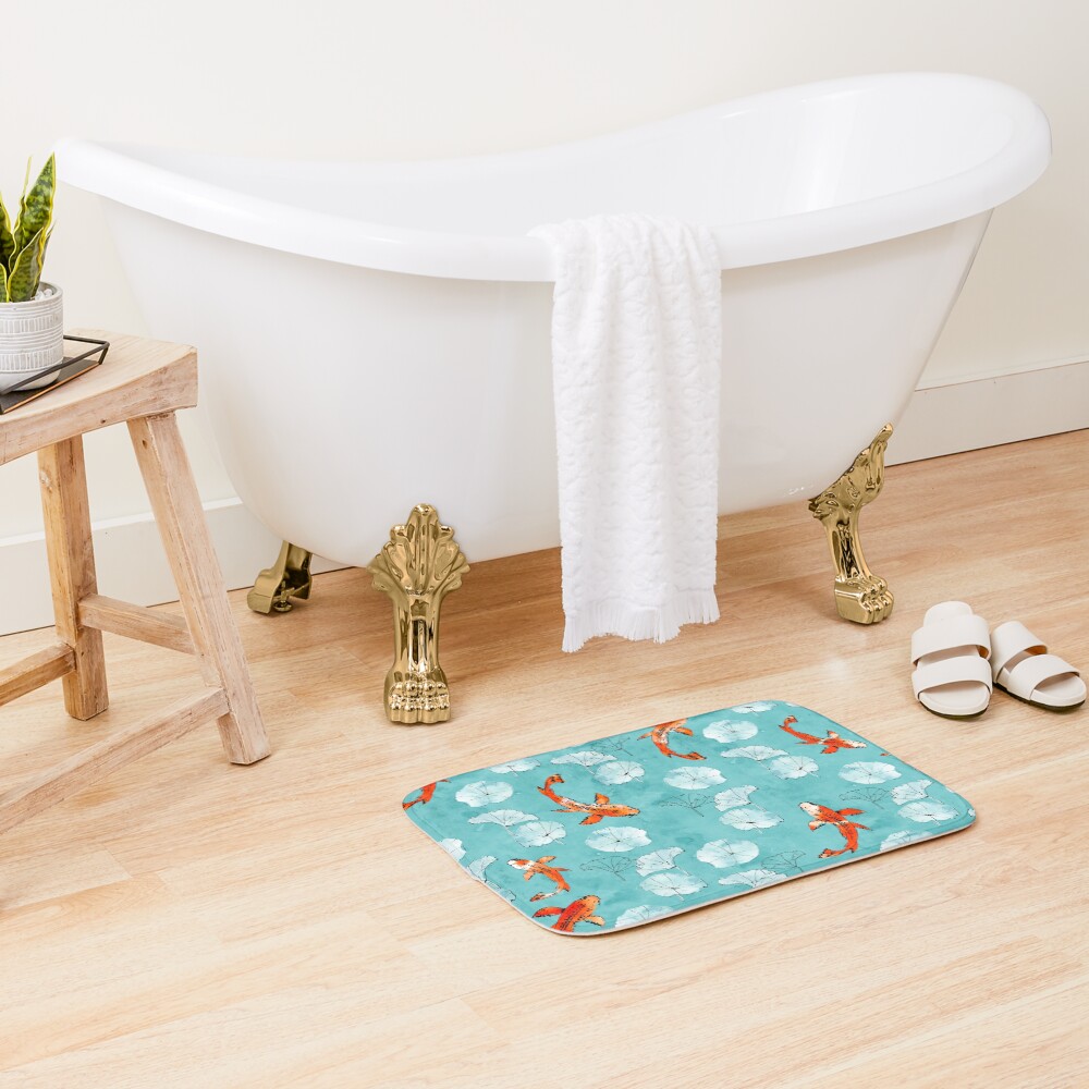 Waterlily koi in turquoise Bath Mat