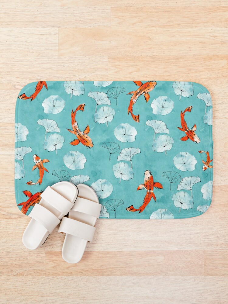 Alternate view of Waterlily koi in turquoise Bath Mat