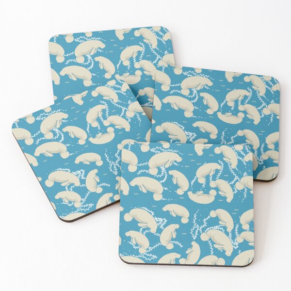 Item preview, Lamentino the manatee pattern - lots and lots of manatees on teal blue background with yellow fishes and seaweeds  designed and sold by tostoini.