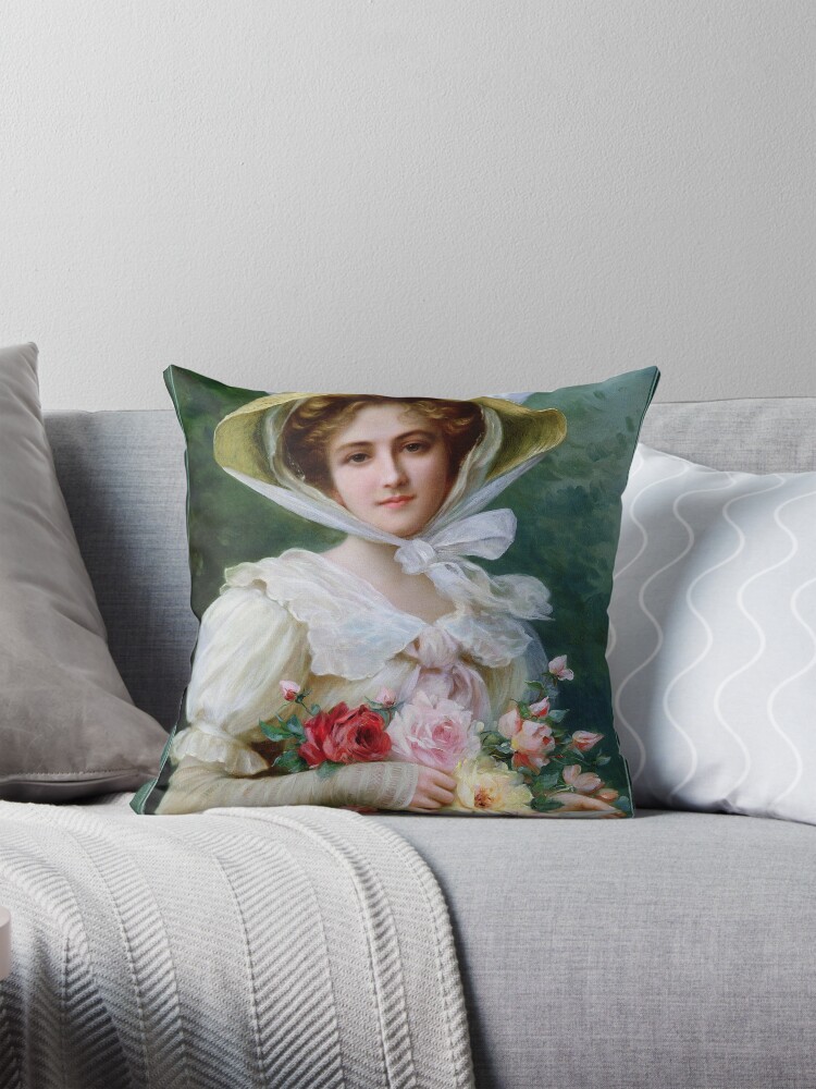Elegant Lady with a Bouquet of Roses c~ by French Painter Emile Vernon (1872 - 1919) Decorative Art Print Throw Pillow