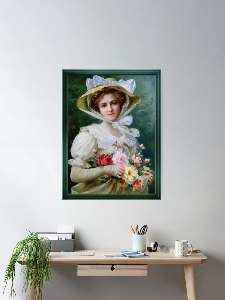 Elegant Lady with a Bouquet of Roses c~ by French Painter Emile Vernon (1872 - 1919) Wall Decor Poster Art Print