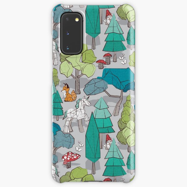 Geometric whimsical wonderland // grey background green forest with unicorns foxes gnomes and mushrooms Samsung Galaxy Snap Case