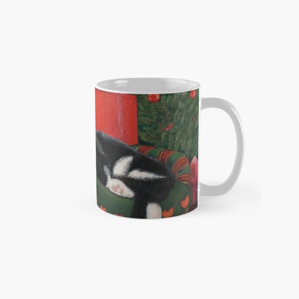 A Sleeping Cat Next to a Christmas Tree Classic Mug