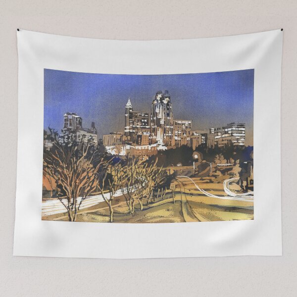 Item preview, Watercolor painting of skyline of downtown Raleigh, NC at sunrise. designed and sold by rfoxphoto.