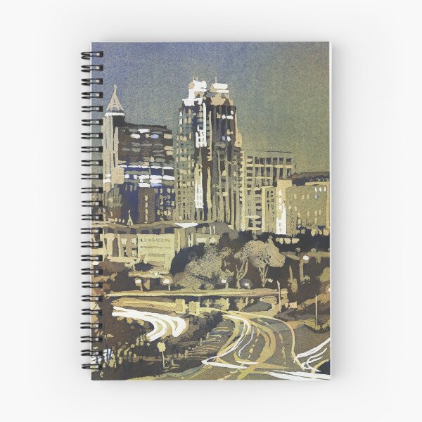 Item preview, Watercolor painting of skyline of downtown Raleigh, NC at sunrise.  Watercolor painting Raleigh designed and sold by rfoxphoto.