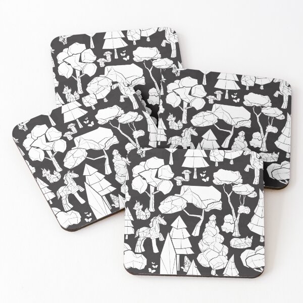 Item preview, Geometric whimsical wonderland // black background white forest with unicorns foxes gnomes and mushrooms designed and sold by SelmaCardoso.