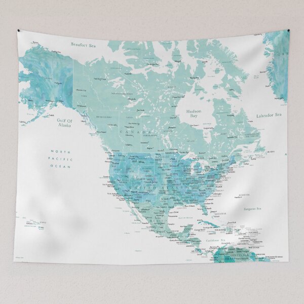 Item preview, Aquamarine blue map of North America in watercolor designed and sold by blursbyai.