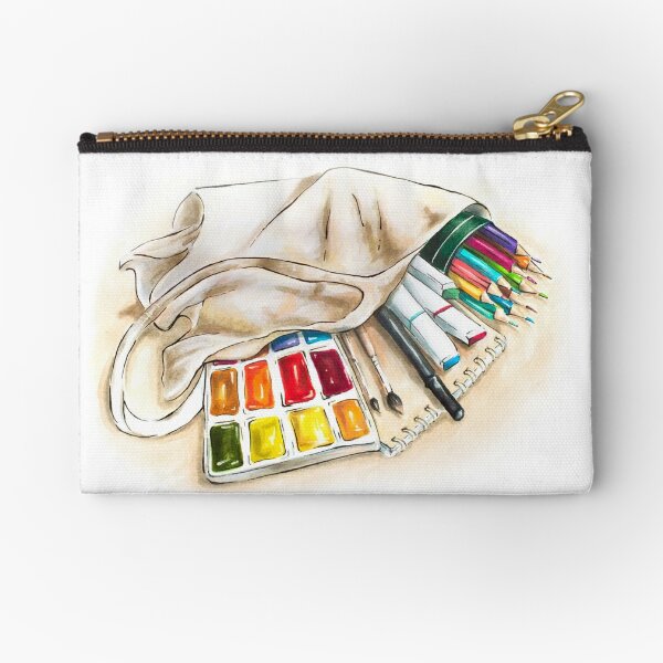 Art shop purchases, artist materials: paint, pencils, brush in a shopping bag. Zipper Pouch