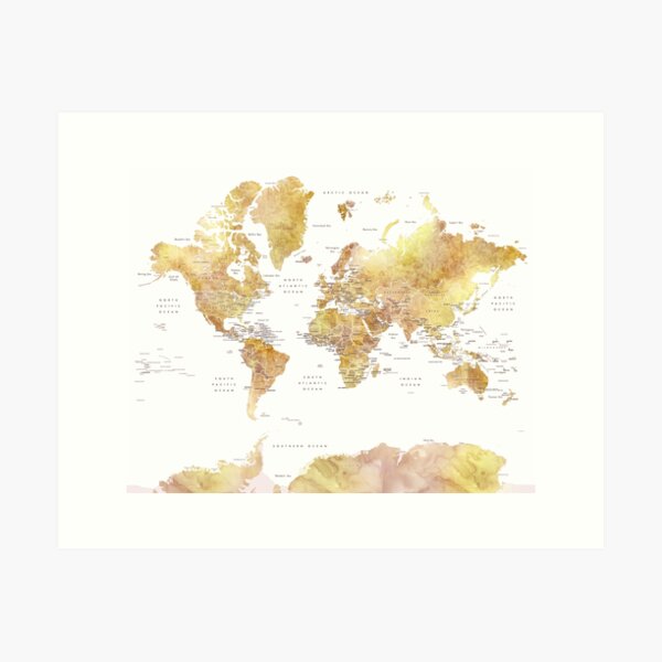 Vista previa del artículo con la obra «Mapa mundial de acuarela dorado y marrón», diseñado y vendido por blursbyai.