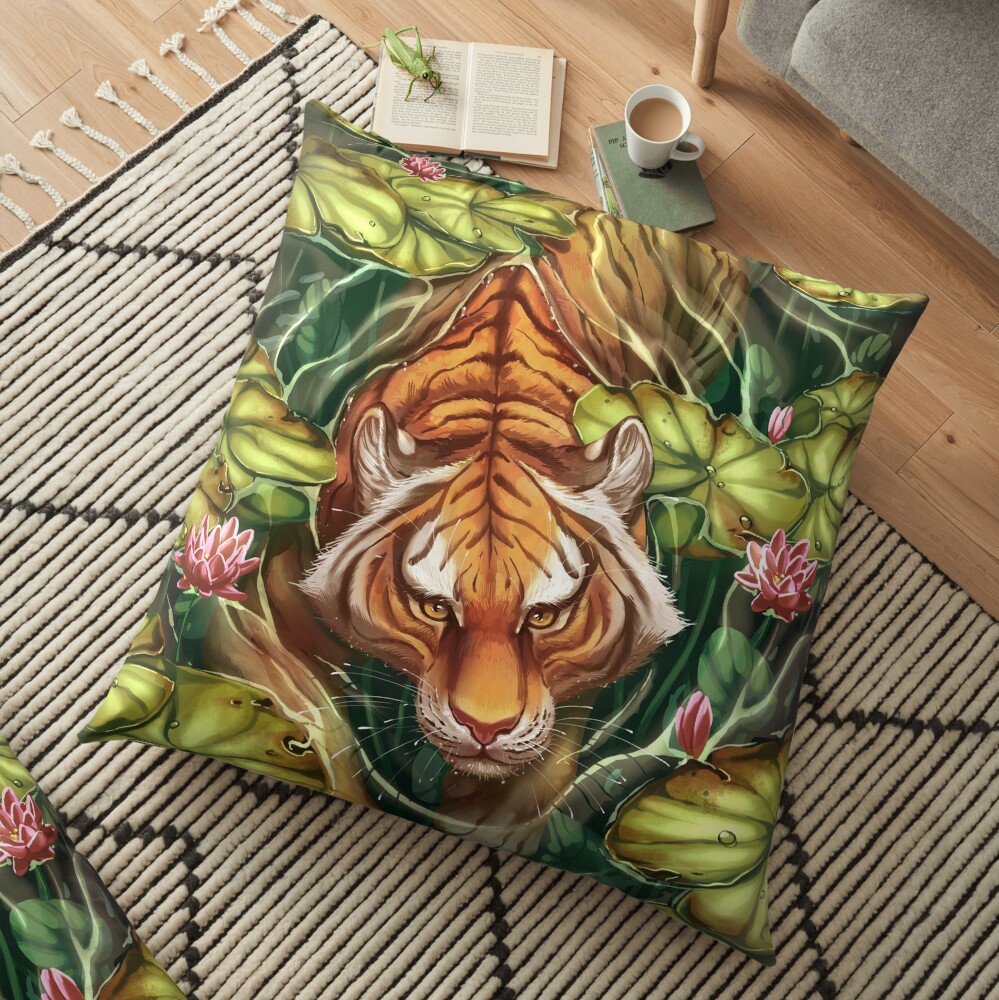Tiger in the Lillies Floor Pillow