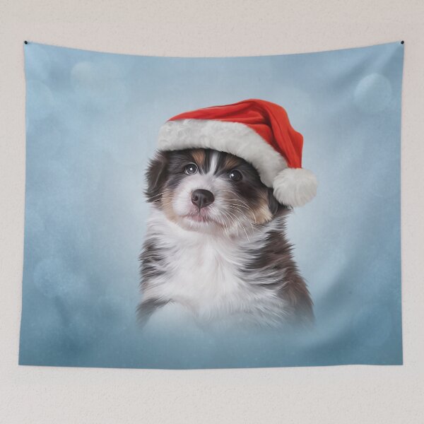 Item preview, Dog puppy Australian Shepherd in red hat of Santa Claus  designed and sold by bonidog.