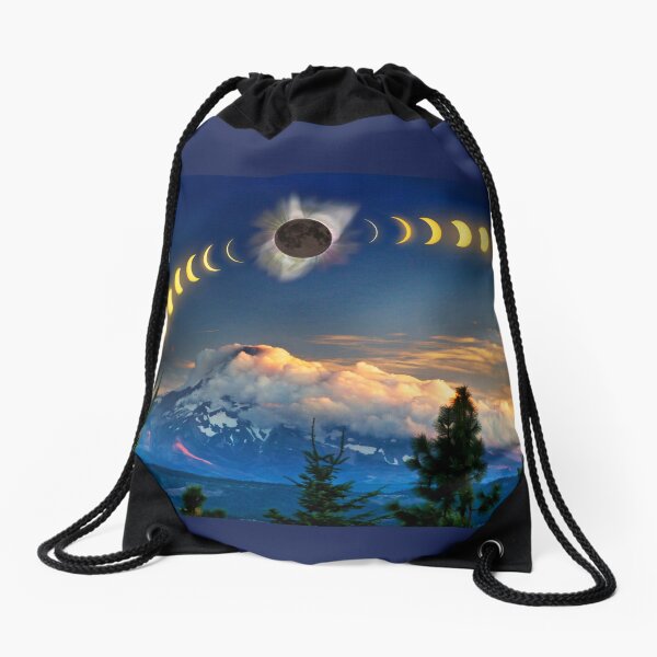 Solar Eclipse of Aug 21, 2017 as visualized above Mt. Hood Drawstring Bag