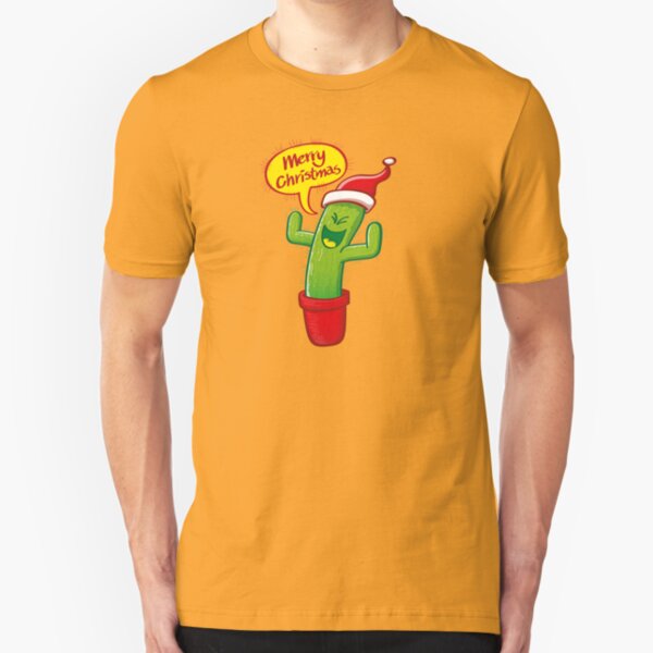 Naughty green cactus wearing Santa hat and celebrating Christmas with great joy! Slim Fit T-Shirt