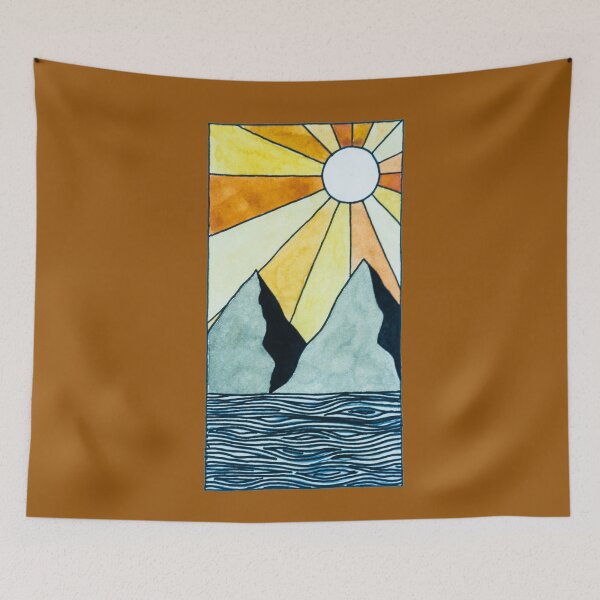 Item preview, Modern graphic landscape mountain and sun sky - drawing watercolor handmade designed and sold by sukaluna.