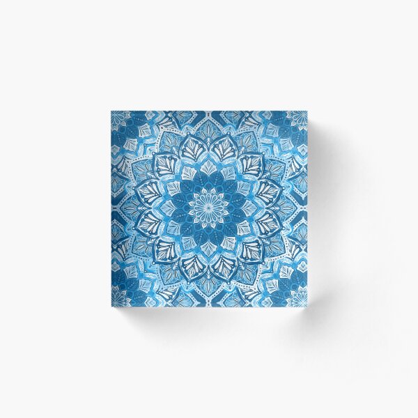 Boho Mandala in Monochrome Blue and White Acrylic Block