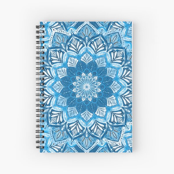 Boho Mandala in Monochrome Blue and White Spiral Notebook