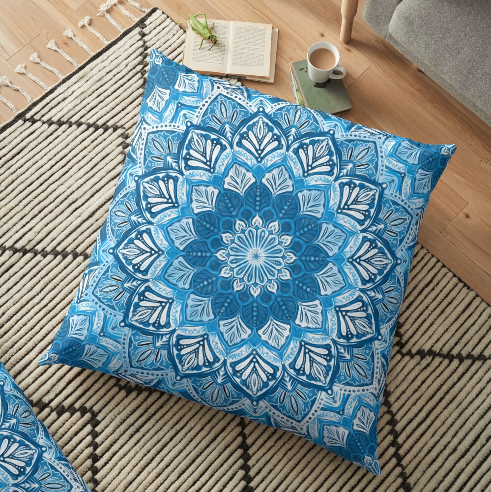 Boho Mandala in Monochrome Blue and White Floor Pillow